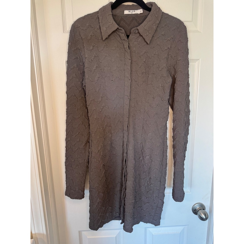 NA-KD Structured LS Mini Shirt Dress Grey Textured Popcorn Long Sleeve Size 36